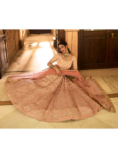 Women's Peach Crepe Embroidered Lehenga