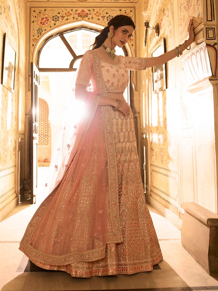 Women's Peach Crepe Embroidered Lehenga