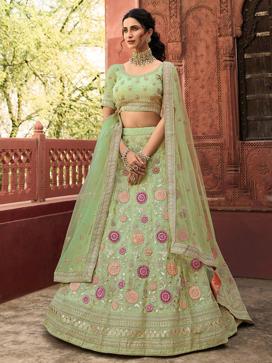 Women's Pista Green Organza Embroidered Lehenga