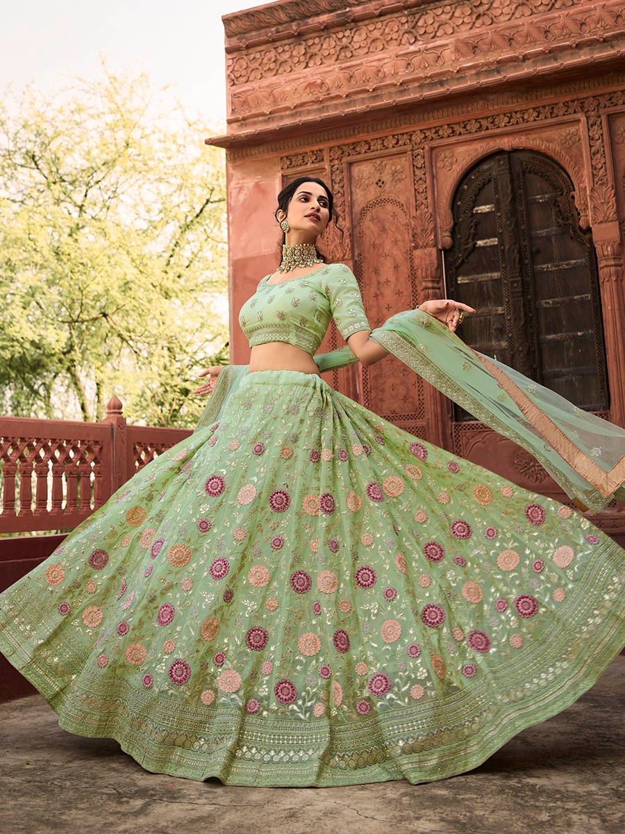 Women's Pista Green Organza Embroidered Lehenga