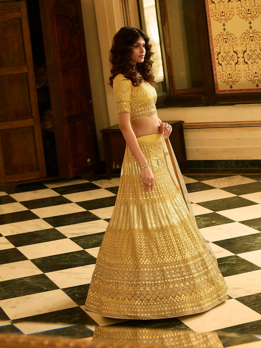 Women's Yellow Organza Embroidered Lehenga