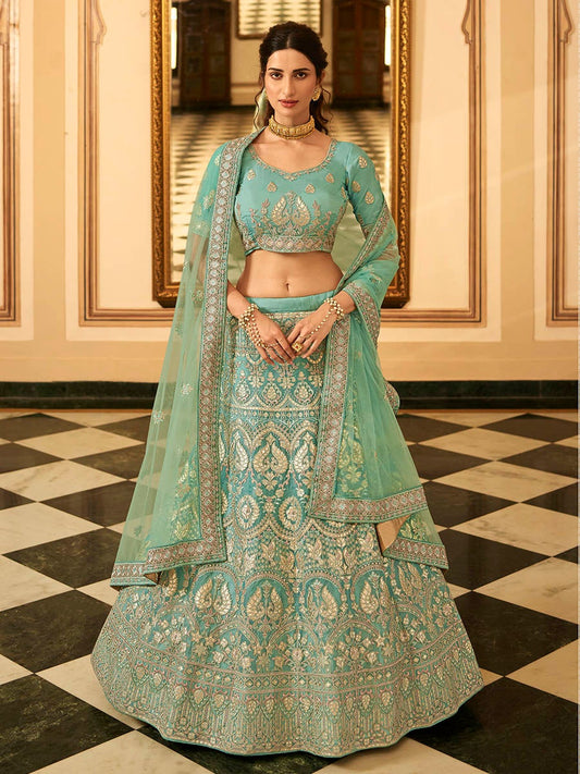 Women's Turquoise Organza Embroidered Lehenga