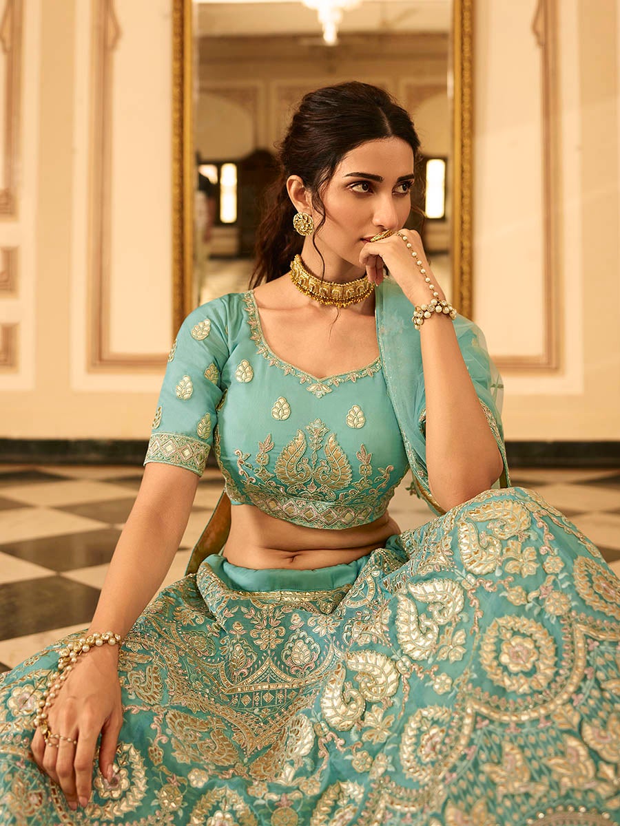 Women's Turquoise Organza Embroidered Lehenga