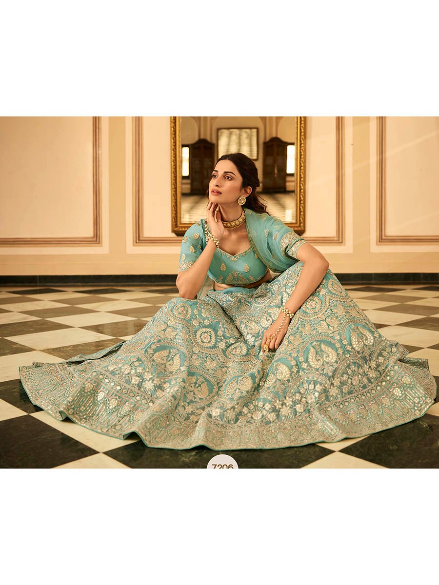 Women's Turquoise Organza Embroidered Lehenga