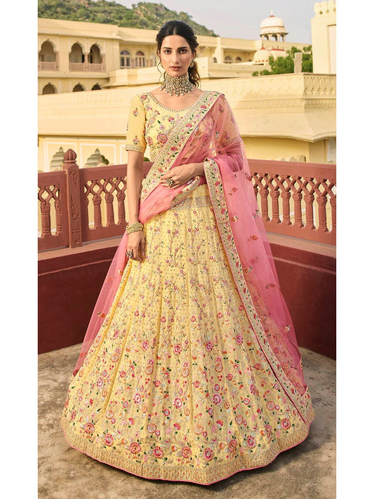 Women's Yellow Organza Embroidered Lehenga