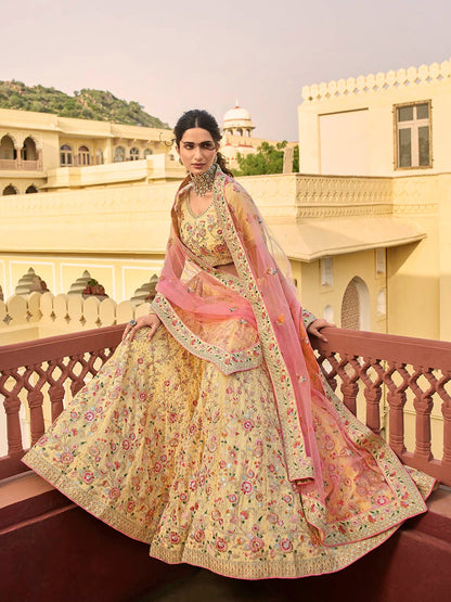 Women's Yellow Organza Embroidered Lehenga