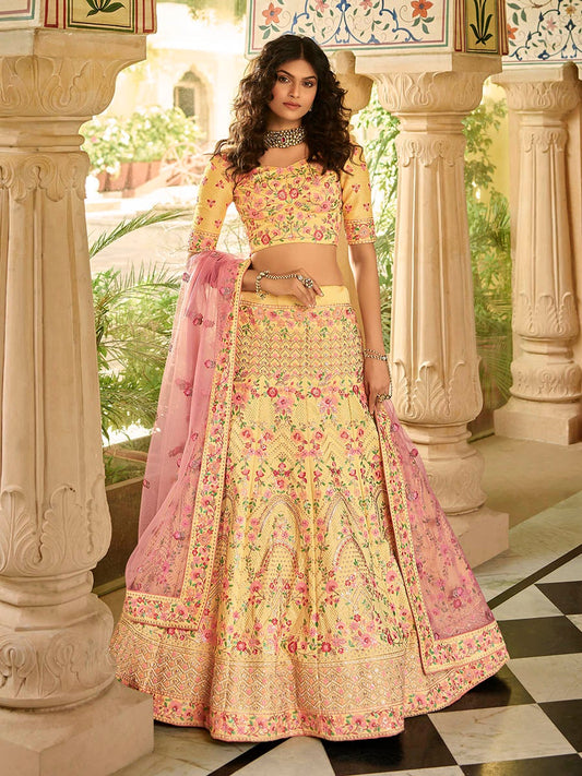 Women's Yellow Art Silk Embroidered Lehenga