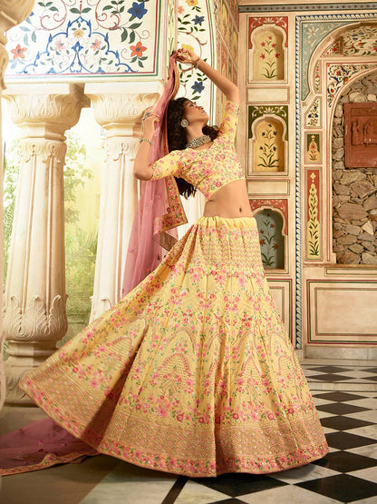 Women's Yellow Art Silk Embroidered Lehenga