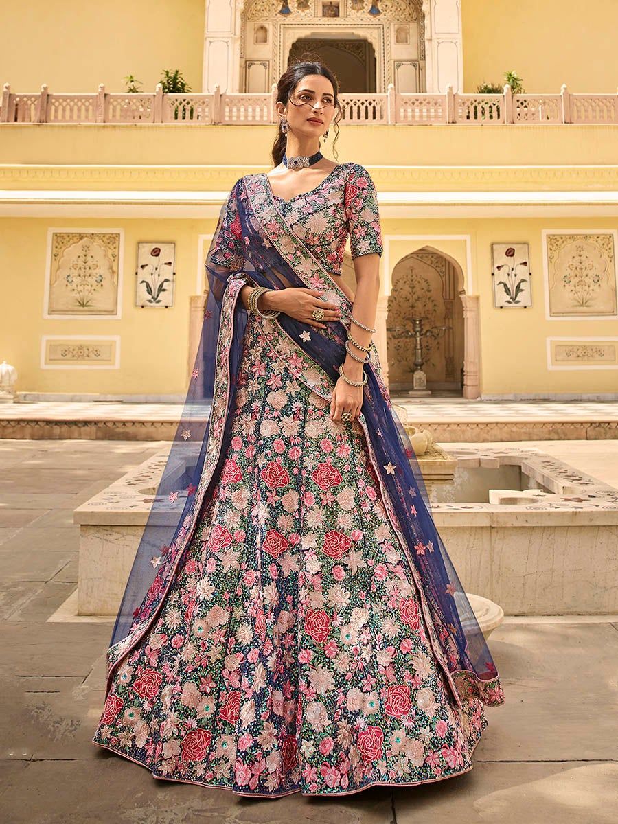 Women's Navy Blue Soft Net Embroidered Lehenga