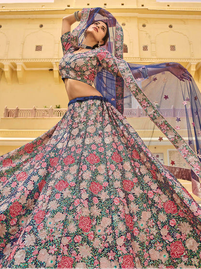 Women's Navy Blue Soft Net Embroidered Lehenga