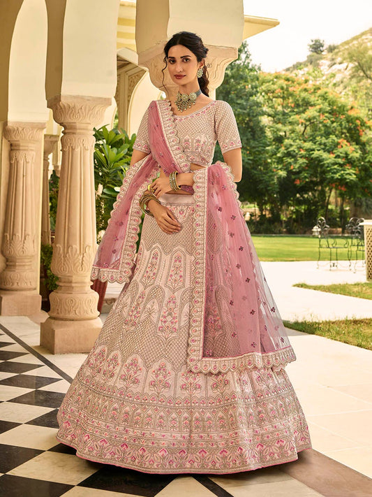 Women's Peach Crepe Embroidered Lehenga