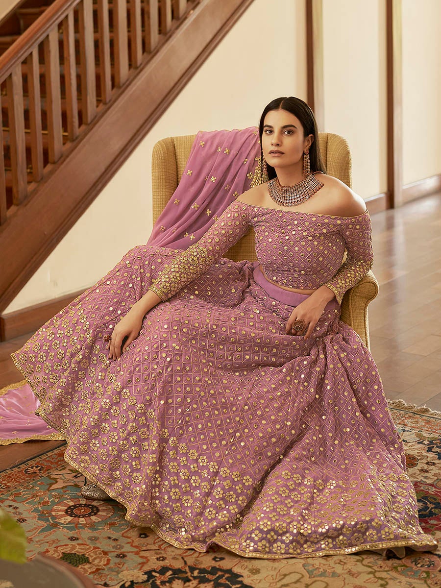 Women's Mauve Georgette Embroidered Lehenga