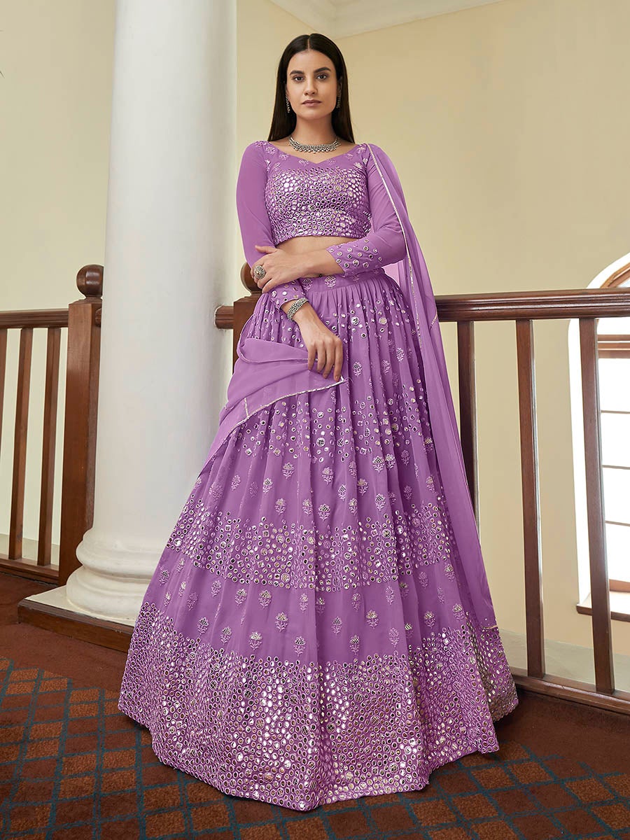 Women's Lilac Georgette Embroidered Lehenga