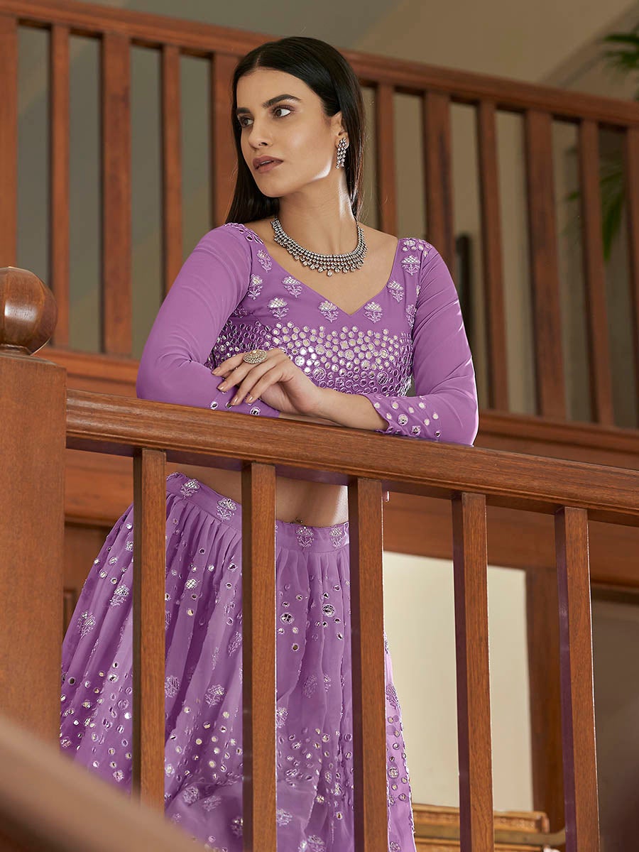 Women's Lilac Georgette Embroidered Lehenga