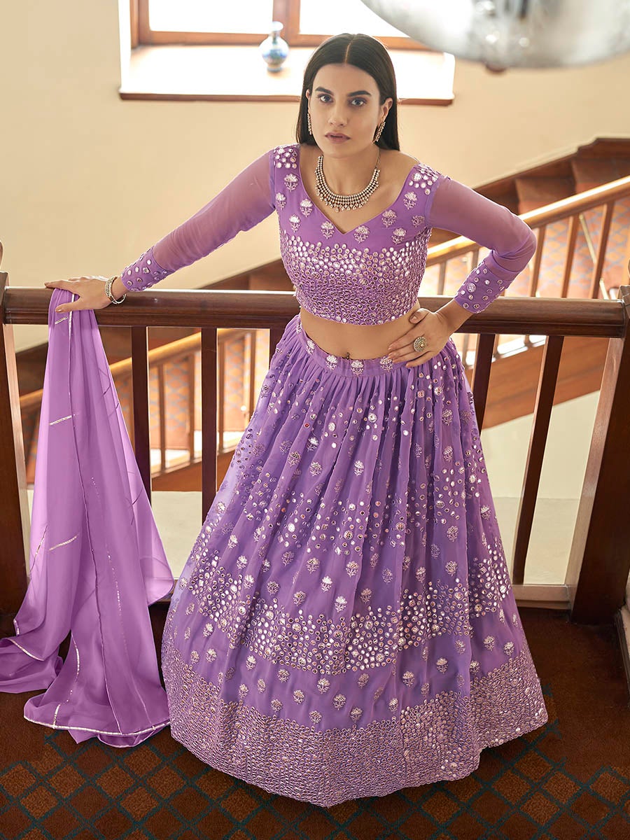 Women's Lilac Georgette Embroidered Lehenga