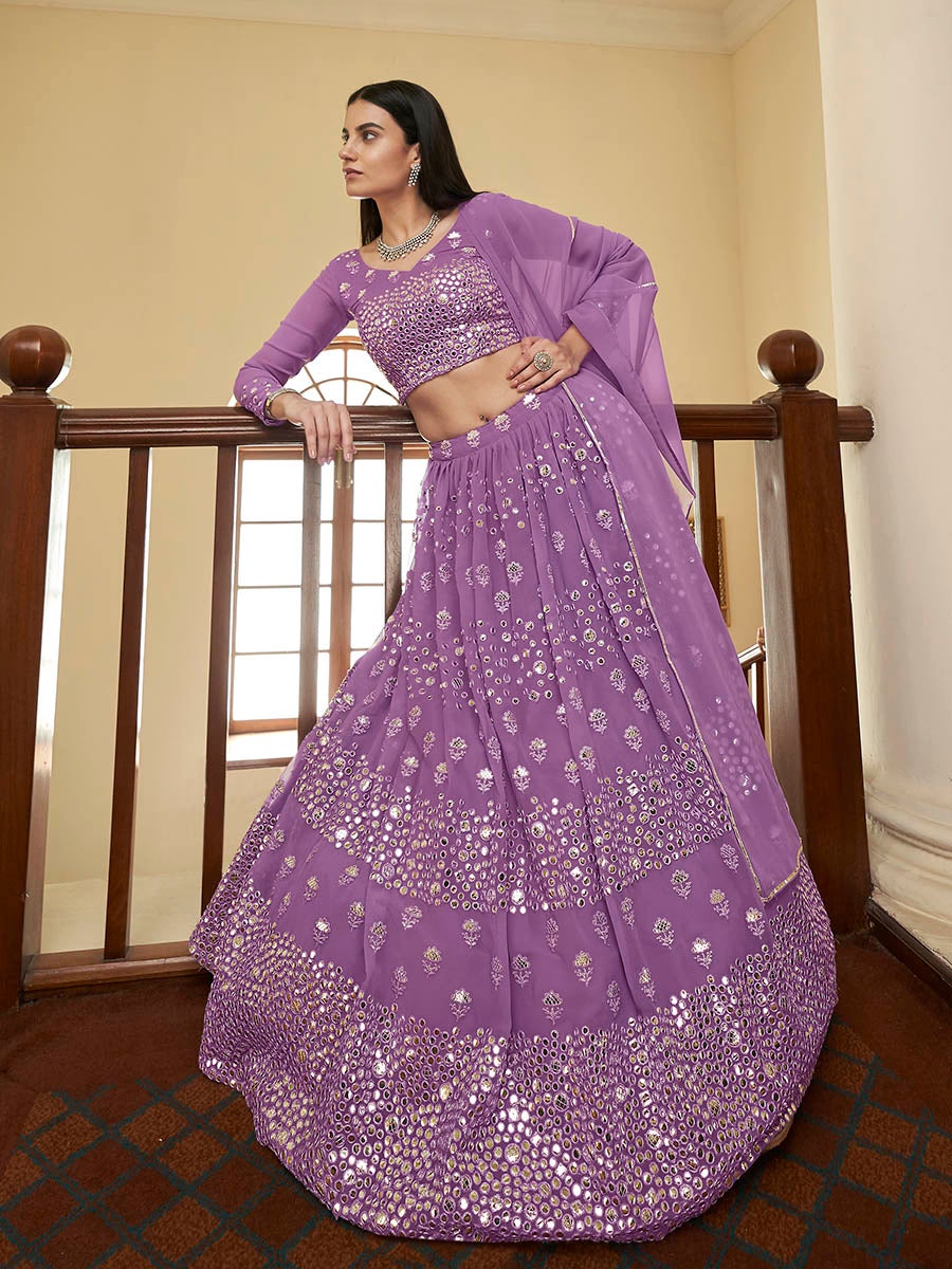 Women's Lilac Georgette Embroidered Lehenga