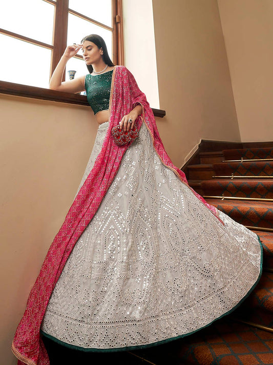 Women's Grey Organza Embroidered Lehenga