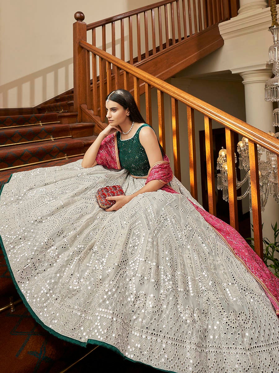 Women's Grey Organza Embroidered Lehenga