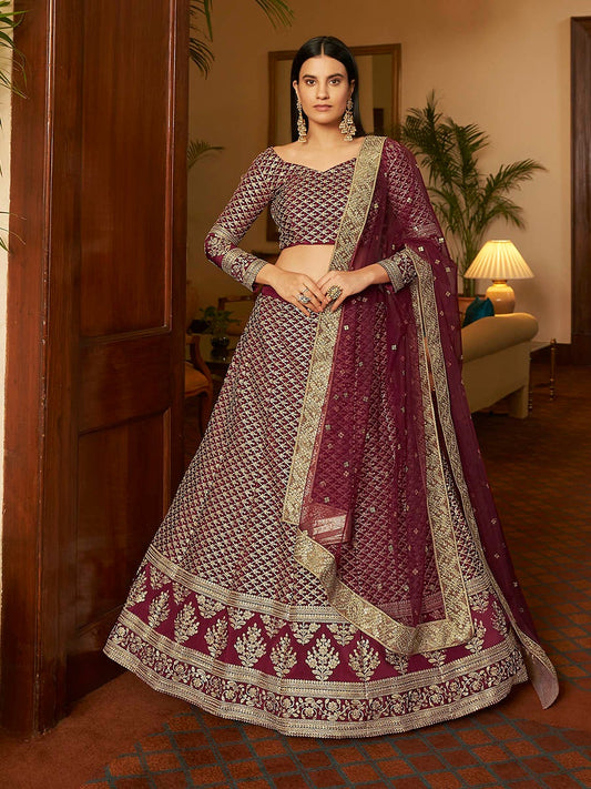 Women's Maroon Crepe Embroidered Lehenga