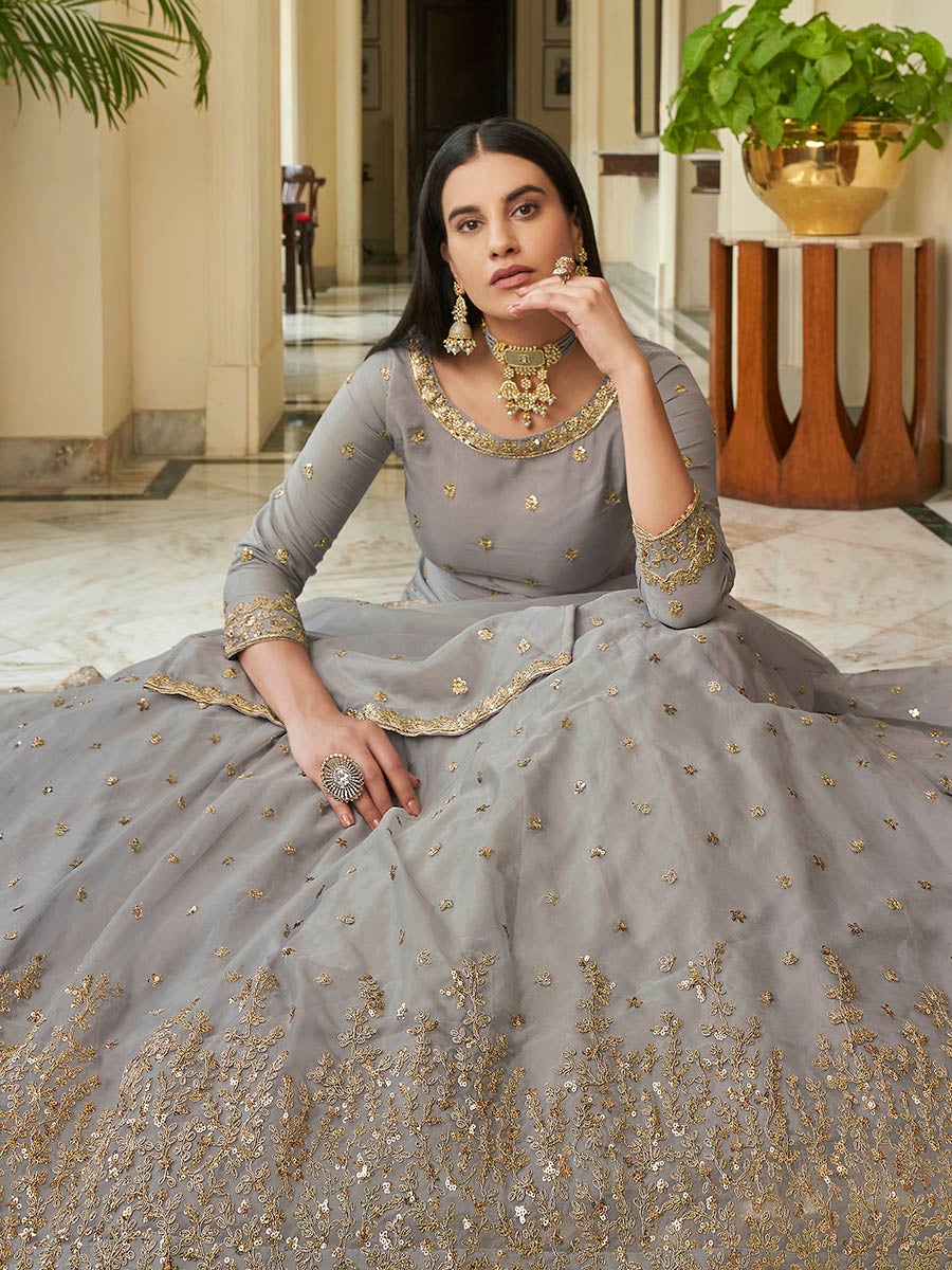 Women's Grey Organza Embroidered Lehenga