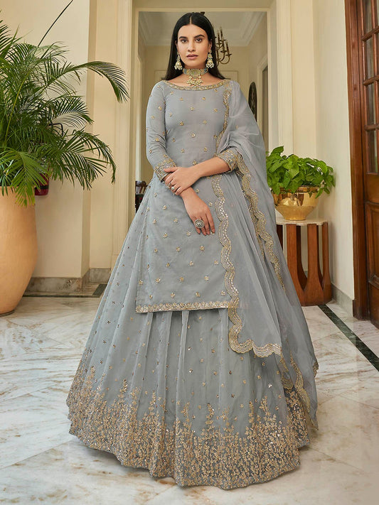 Women's Grey Organza Embroidered Lehenga