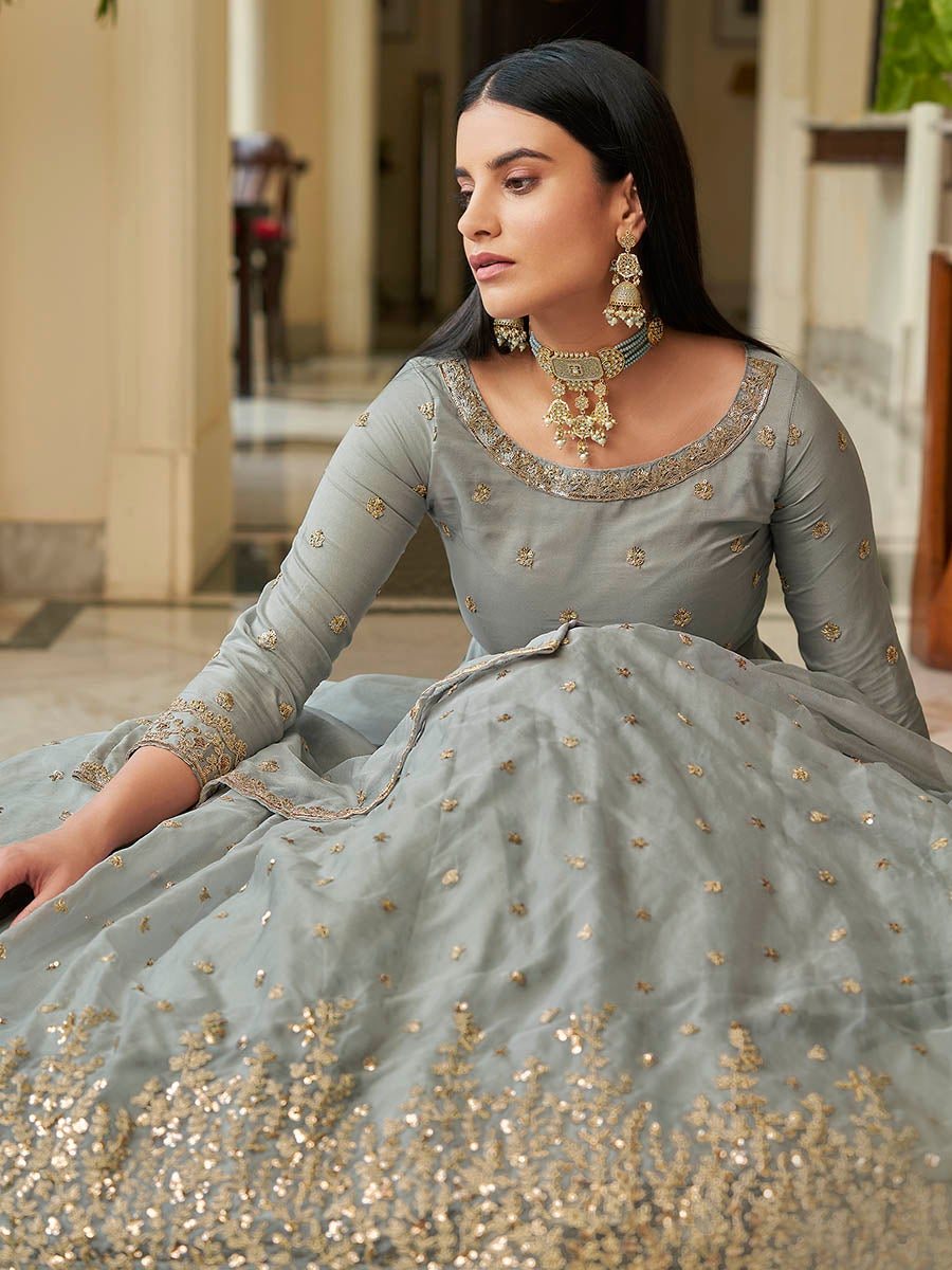 Women's Grey Organza Embroidered Lehenga