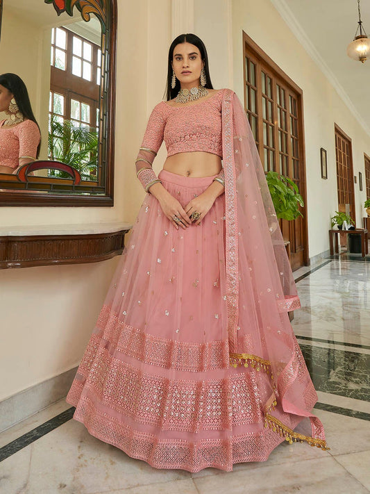 Women's Peach Soft Net Embroidered Lehenga