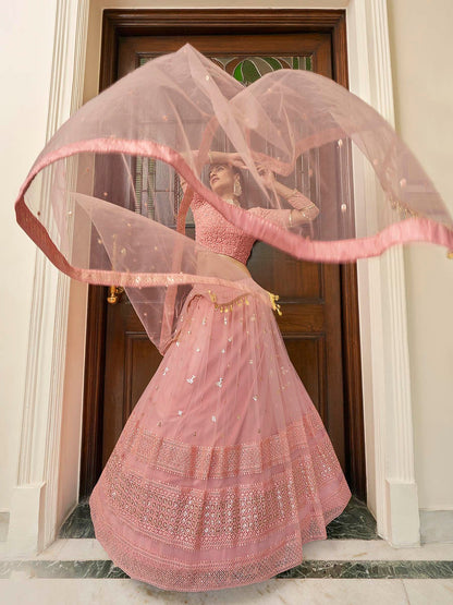 Women's Peach Soft Net Embroidered Lehenga