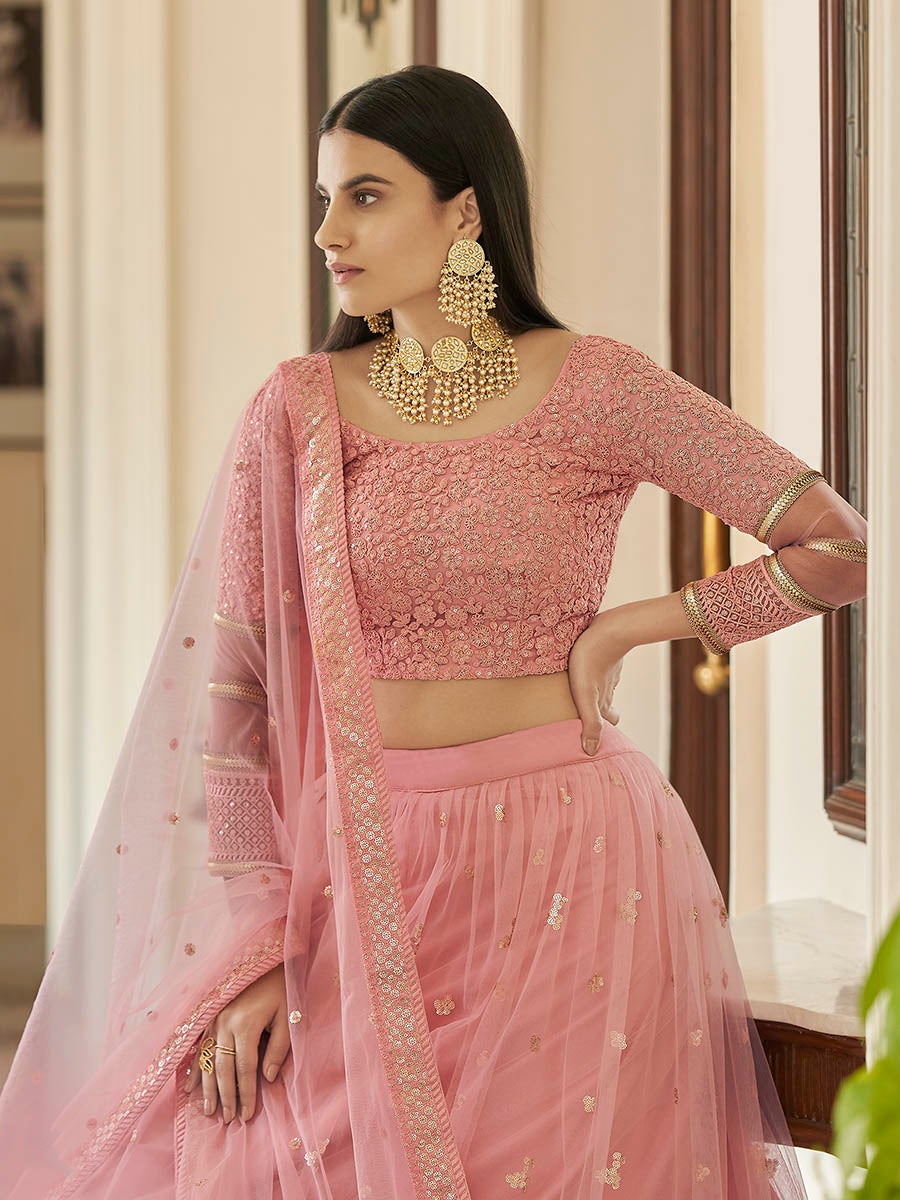 Women's Peach Soft Net Embroidered Lehenga