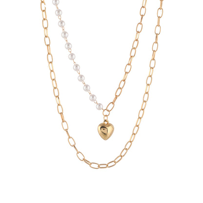 Women's Trendy Essentials Faux Pearls Heart Motif Chain Necklace