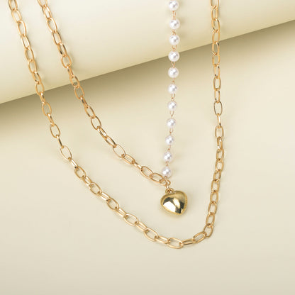 Women's Trendy Essentials Faux Pearls Heart Motif Chain Necklace