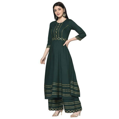 Women Bottle Green Rayon Anarkali Kurta with Palazzo by  (2pcs Set)