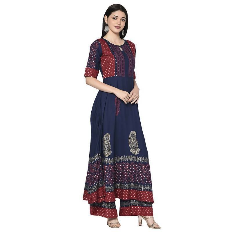 Women's Navy Blue Rayon Block print Anarkali palazzo set