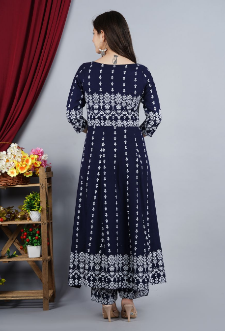 Women's Anarkali Rayon Printed Embroidered Kurta With Pant And Dupatta