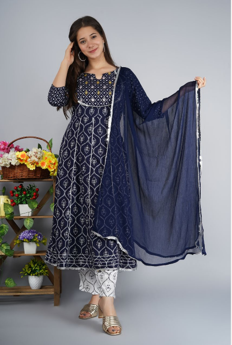 Women's Anarkali Rayon Printed Embroidered Kurta With Pant And Dupatta