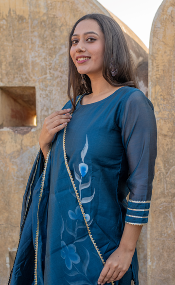 Women's Brinda  Hand Painted Chanderi Blue Kurta Sharara And Dupatta