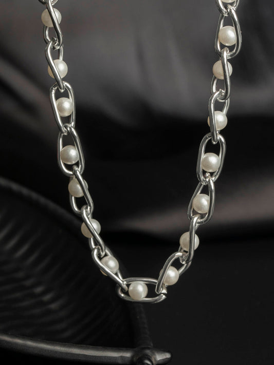 Women's Chunky Chain Pearl Silver Plated Necklace - Priyaasi