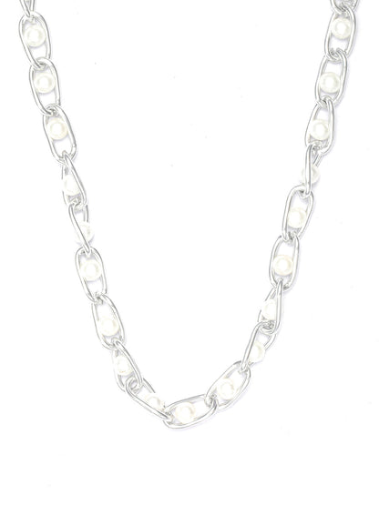 Women's Chunky Chain Pearl Silver Plated Necklace - Priyaasi