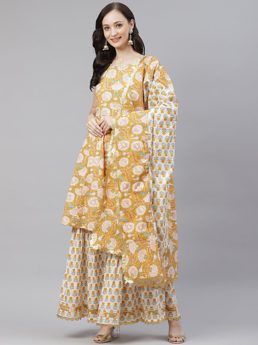 Women's Yellow Cotton Anarkali Kurta Sharara Set With Dupatta