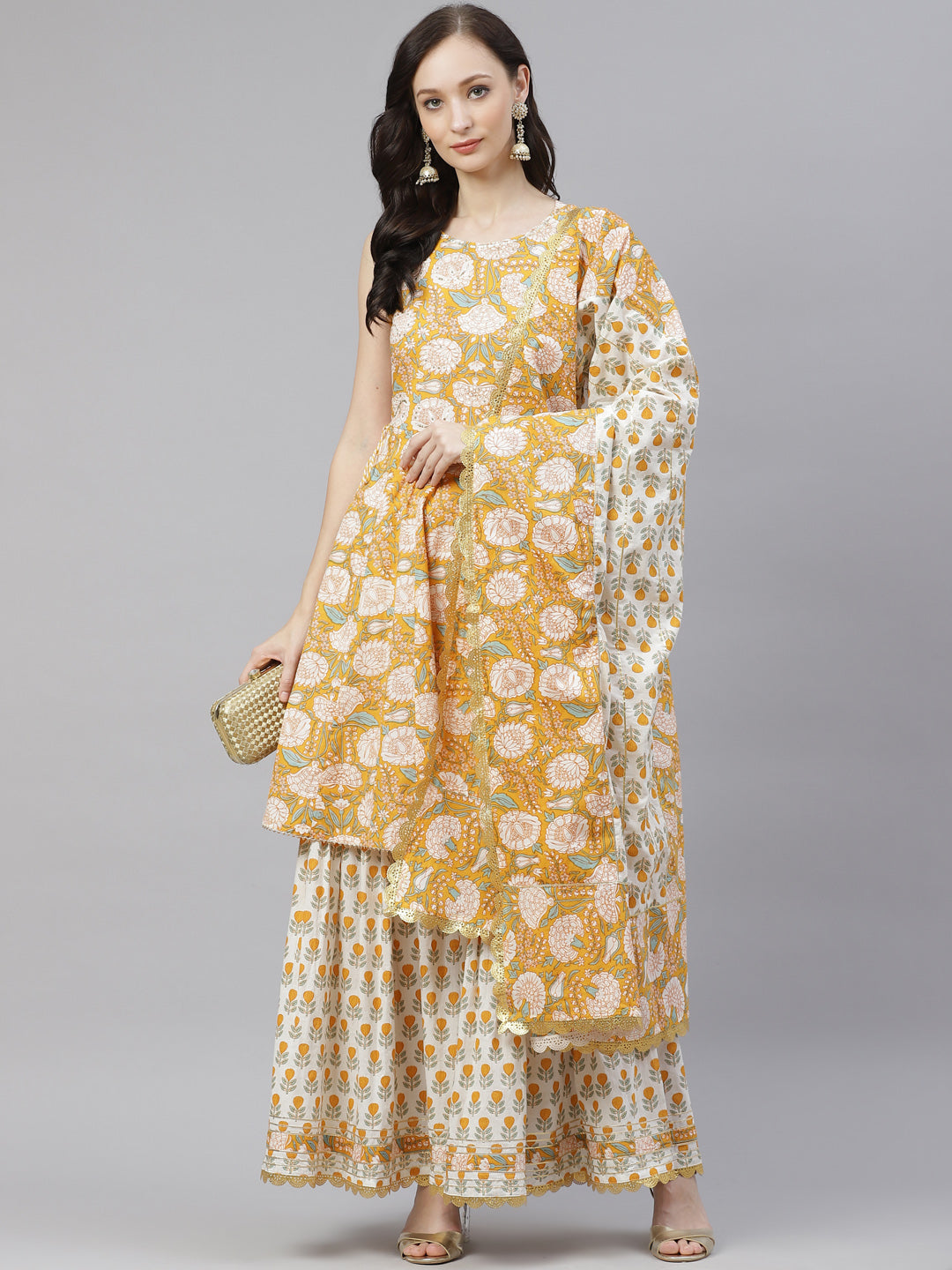 Women's Yellow Cotton Anarkali Kurta Sharara Set With Dupatta