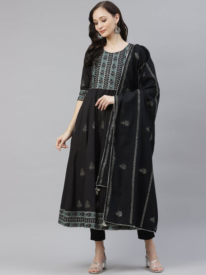 Women's Black Cotton Anarkali Kurta Pant Set With Dupatta