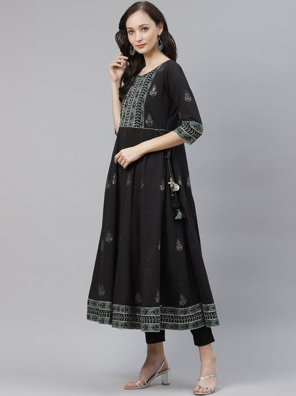 Women's Black Cotton Anarkali Kurta Pant Set With Dupatta