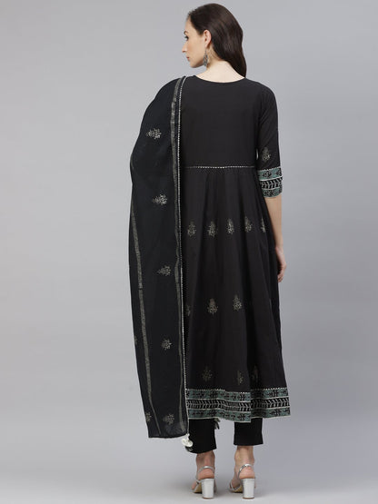 Women's Black Cotton Anarkali Kurta Pant Set With Dupatta