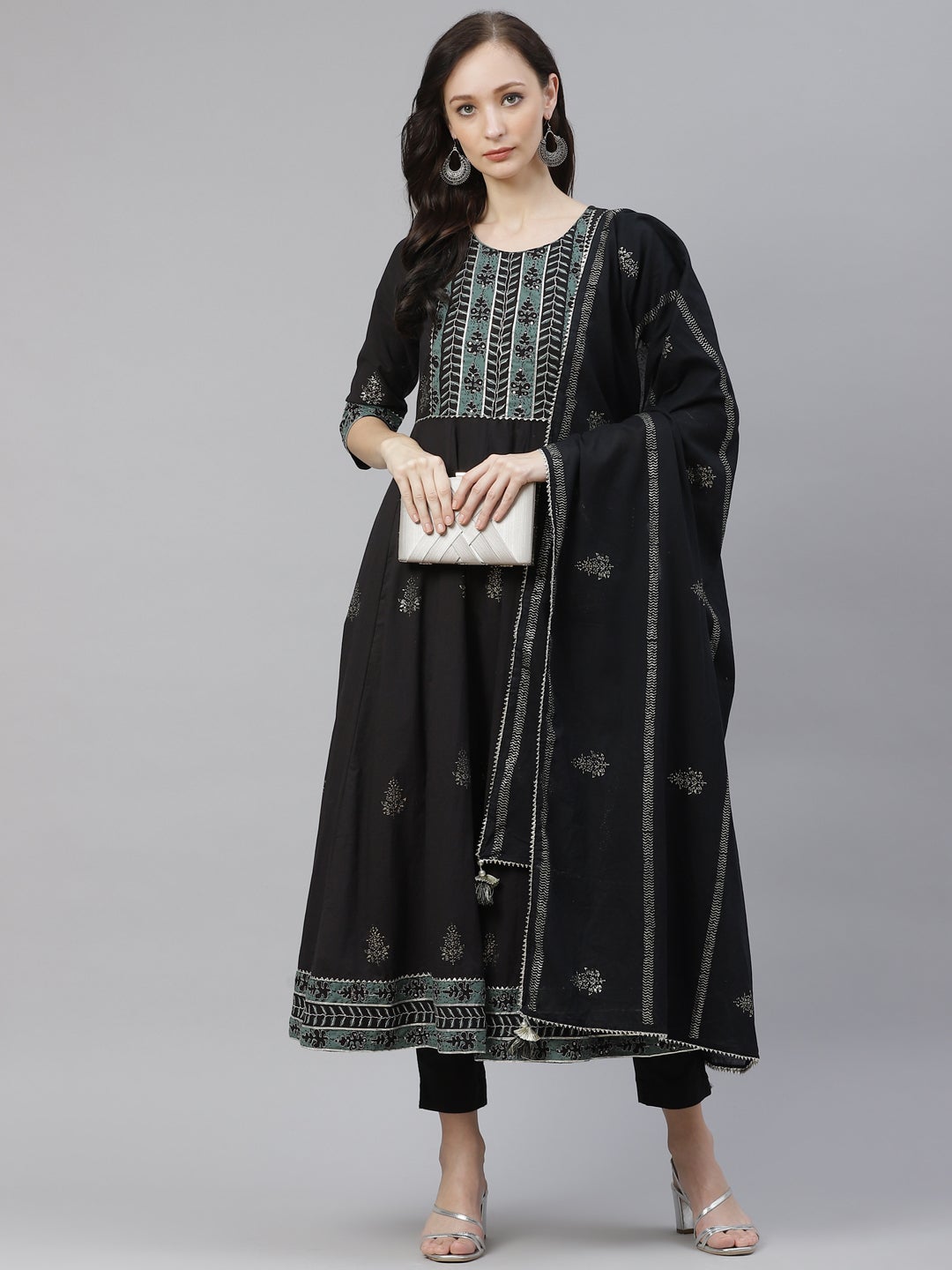 Women's Black Cotton Anarkali Kurta Pant Set With Dupatta