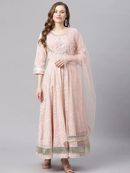 Women's Light Pink Cotton Anarkali Gown Pant Set With Net Dupatta