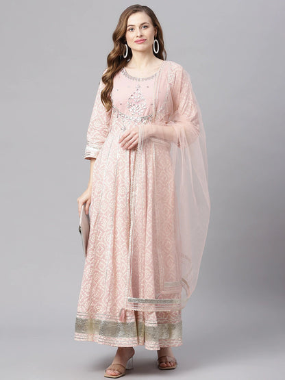 Women's Light Pink Cotton Anarkali Gown Pant Set With Net Dupatta