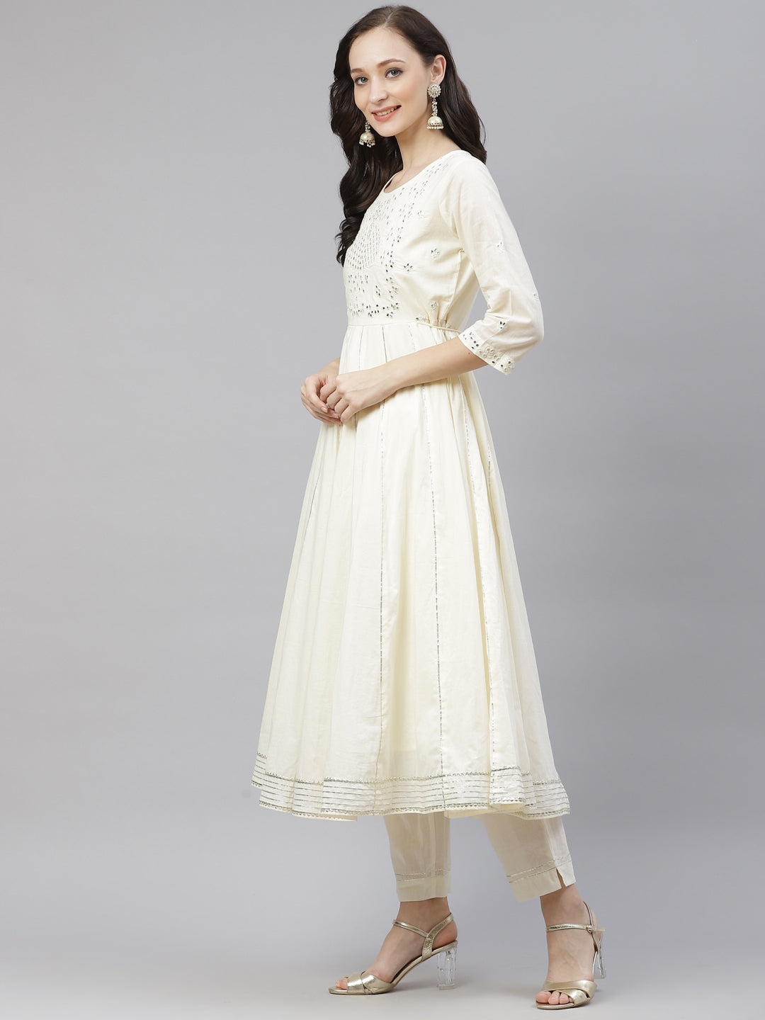 Women's Off White Cotton Anarkali Kurta Pant Set