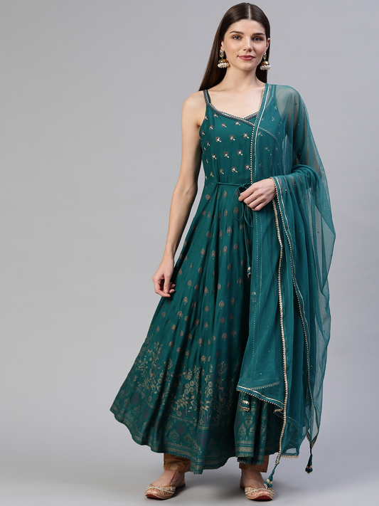 Women's Rama Green Rayon Shoulder Strip Anarkali Kurta With Net Dupatta