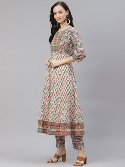 Women's Off White Floral Anarkali Kurta Pant Set With Dupatta