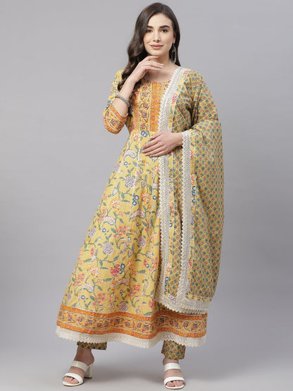 Women's Yellow Floral Anarkali Pant Set With Dupatta